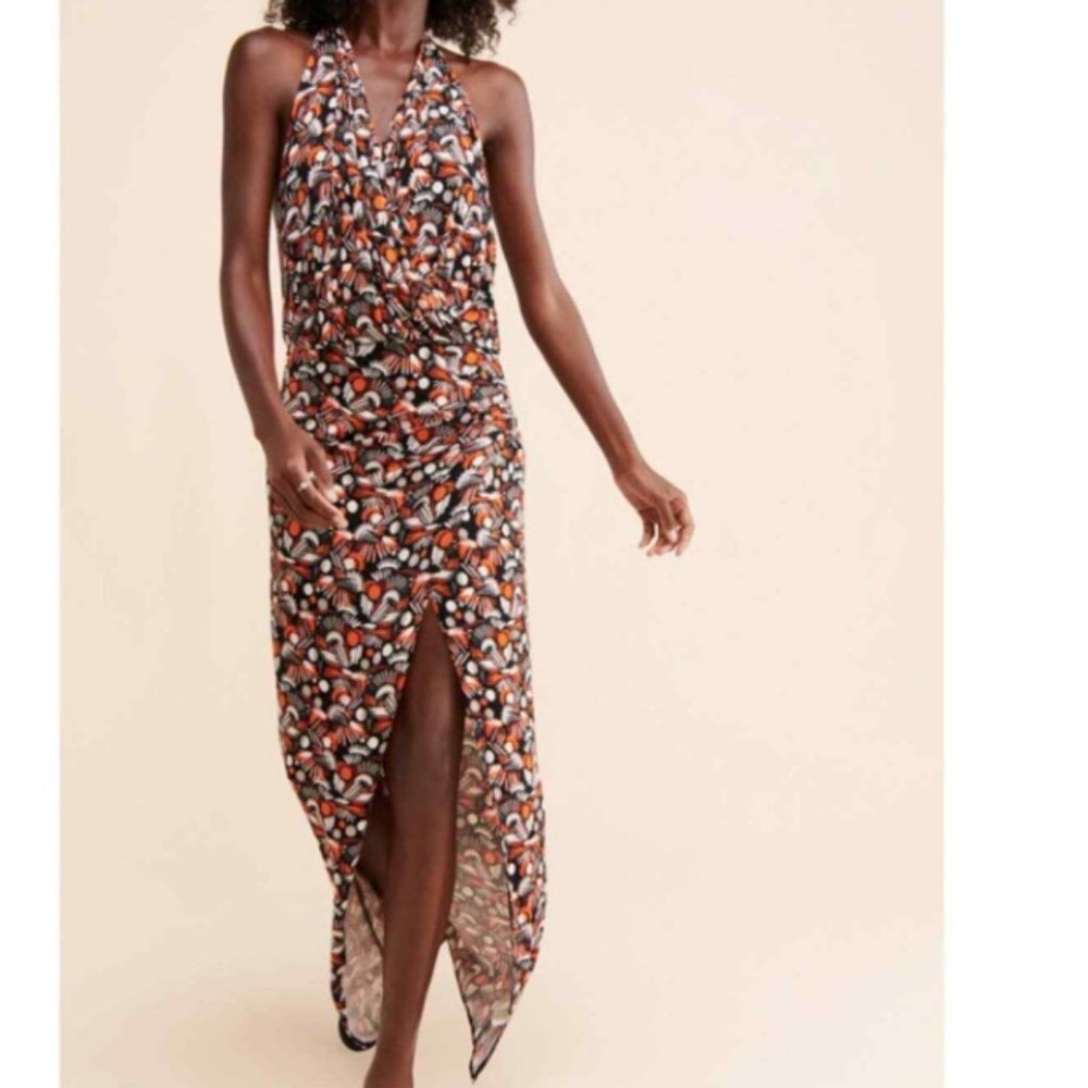 Free People Daria Halter Maxi Dress in Black & Orange With Low Back Drape Split
